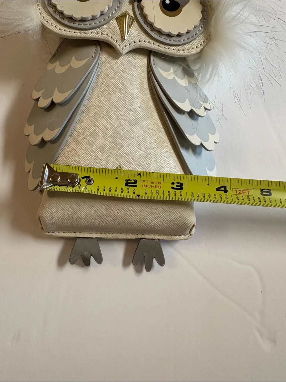 Kate Spade Cream and Gray Owl Crossbody Purse with Fur Trim